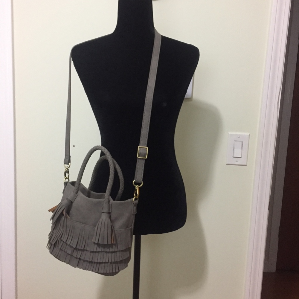 Fringe grey suede handbag